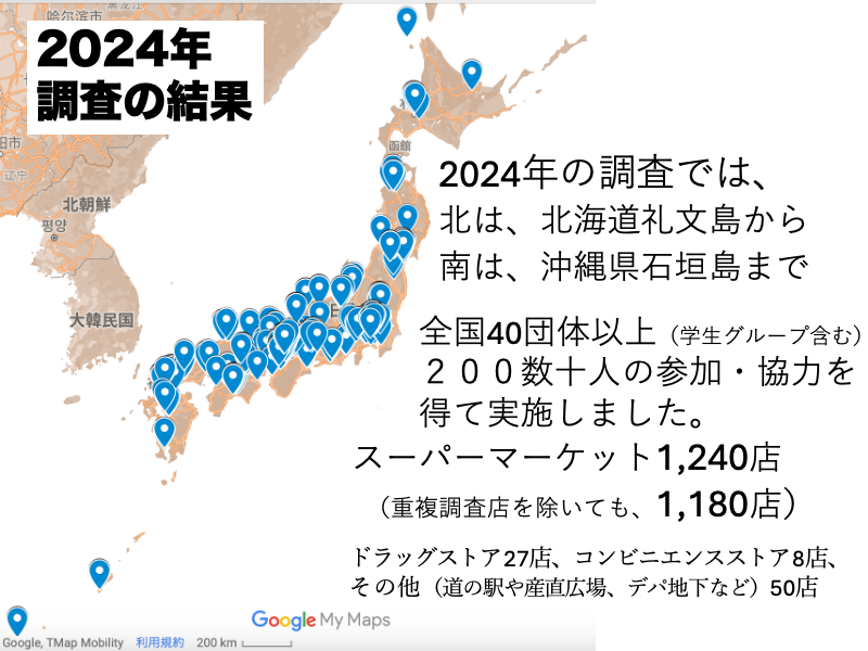 2024年の調査では北は北海道礼文島から南は沖縄県石垣島まで。全国40団体以上(学生グループ含む)200数十人の参加・協力を得て実施しました。スーパーマーケット1240店(重複調査店を除いても1180店)ドラッグストア27店、コンビニエンスストア8店、その他(道の駅や産直広場、デパ地下など)50店
